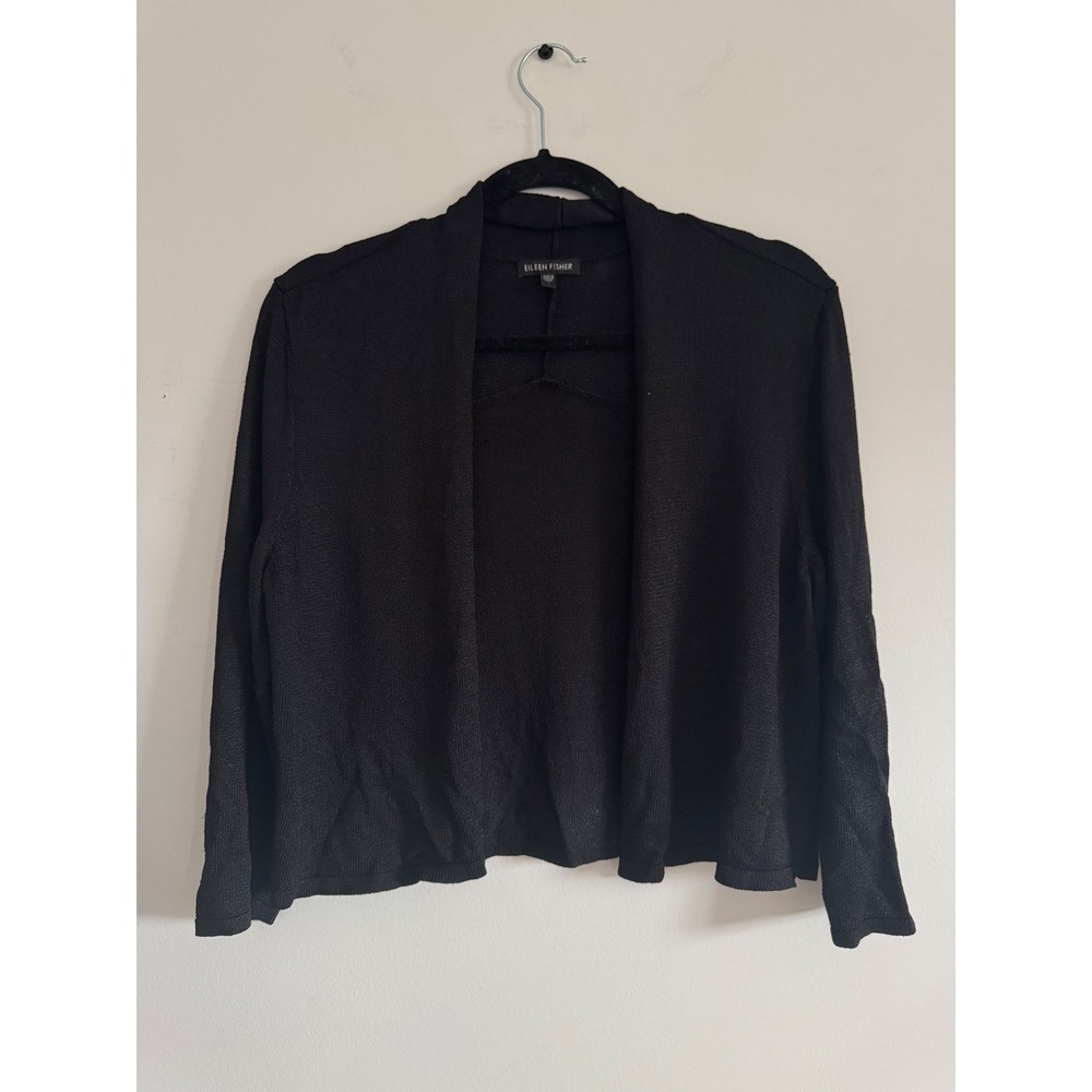 Eileen Fisher Womens Black Italian Yarn Open Front Knit Cardigan Sweater Size S